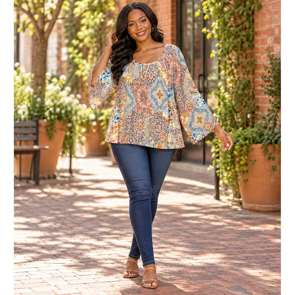 Spense Multi Color Mosaic Tile Print Bell Sleeve Keyhole Blouse XL